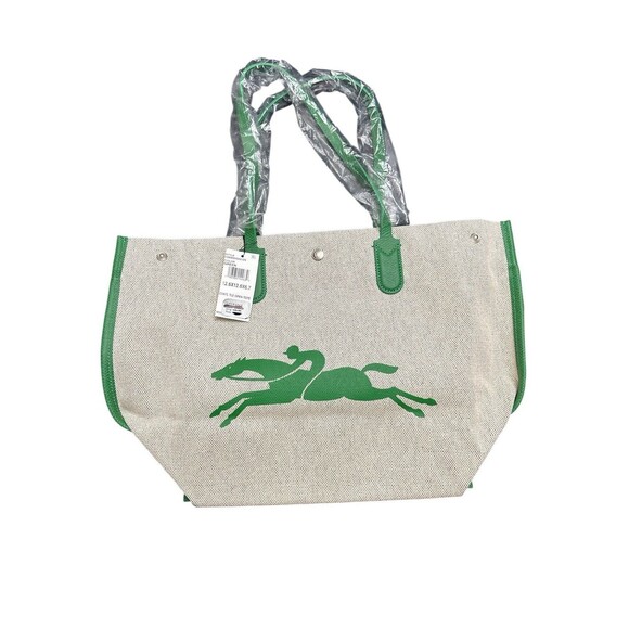 longchamp Essential Toile Large Canvas Open Bag Made In France Green/ Silver New - Picture 1 of 7